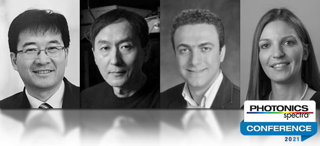 The first ever Photonics Spectra Conference, launchign Jan. 19, features four tracks: lasers, optics, biomedical imaging, and spectroscopy. Track keynotes, from left:Ji-Xin Cheng (spectroscopy); Chunlei Guo (lasers); Aydogan Ozcan (biomedical imaging); and Jessica DeGroote Nelson (optics).