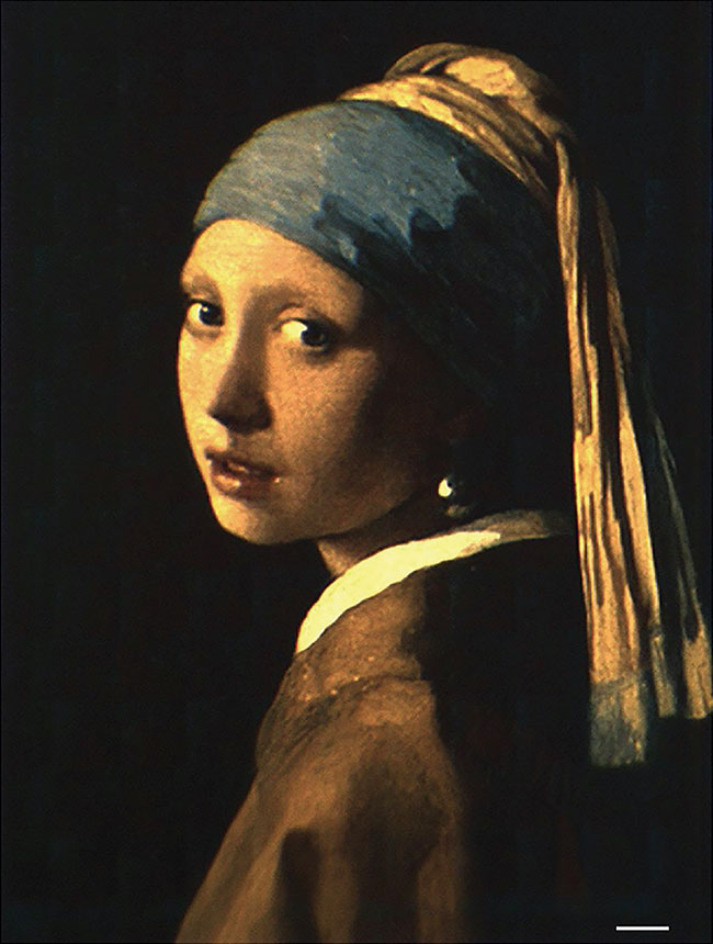 A 1-mm-sq reproduction of Johannes Vermeer’s ‘Girl with a Pearl Earring’ was re-created using millions of nanopillars, whose placement and rotation affected both color and intensity. Scale bar = 500 nm. Courtesy of Ting Xu/Nanjing University.