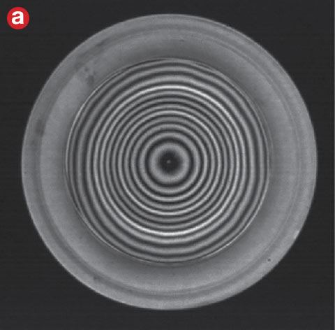 Figure 3. High-density fringes are not resolvable by interferometer and create artifacts in measurement results. An interferogram measured directly from an interferometer (a). The resulting map of the surface generated (b). Courtesy of Edmund Optics.