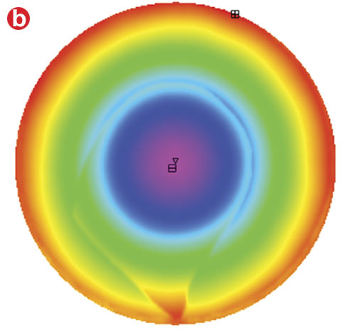 Figure 3. High-density fringes are not resolvable by interferometer and create artifacts in measurement results. An interferogram measured directly from an interferometer (a). The resulting map of the surface generated (b). Courtesy of Edmund Optics.