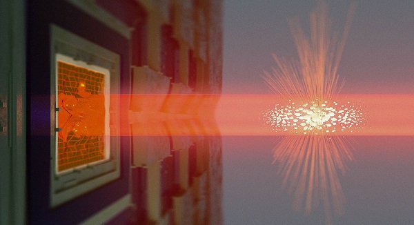 Light propagates through the atomic cloud shown in the center and then falls onto the SiN membrane shown on the left. As a result of interaction with light the precession of atomic spins and vibration of the membrane become quantum correlated. This is the essence of entanglement between the atoms and the membrane. Courtesy of Niels Bohr Institute.