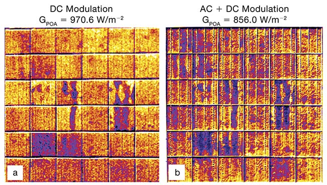 Shortwave IR (SWIR) imaging captures solar panel electroluminescence, which can be used to spot defects via a rapid scan of a panel. A moving drone image of outdoor panels in daylight, using DC electrical modulation (a). The results with AC and DC modulation (b). Darker areas indicate module faults or defects, while darkest areas correspond to module power loss due to severe solar cell cracks. GPOA: measured plane of array irradiance. Courtesy of Gisele Benatto and Peter Poulsen/DTU.