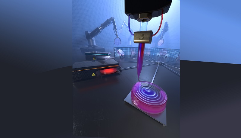 Artistic rendering of an aspirational future automated production process for custom GRIN optics, showing multi-material 3D printing of a tailored composition optic preform, conversion to glass via heat treatment, polishing and inspection of the final optics with refractive index gradients. Courtesy of Jacob Long and Brian Chavez.
