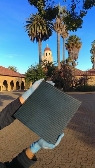 A perovskite solar module produced by rapid-spray plasma processing. Stanford professor Reinhold Dauskardt's lab has shown that perovskite modules can be produced cheaper and four times faster than conventional silicon panels. Courtesy of Nick Rolston.