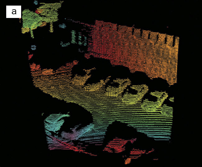 Figure 2. A 3D point cloud image (a), an RGB image (b), and a thermal image (c). Courtesy of Beamagine.