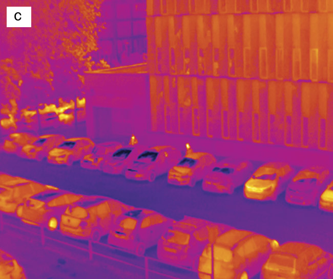Figure 2. A 3D point cloud image (a), an RGB image (b), and a thermal image (c). Courtesy of Beamagine.