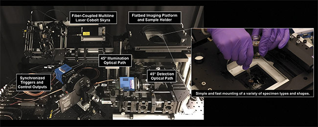 Figure 6. The University of Washington Molecular Biophotonics Laboratory’s open-top light-sheet microscope. It features 45° illumination and collection paths, and a flatbed sample platform for mounting samples of various shapes and sizes. Courtesy of A. Glaser/University of Washington Molecular Biophotonics Laboratory.