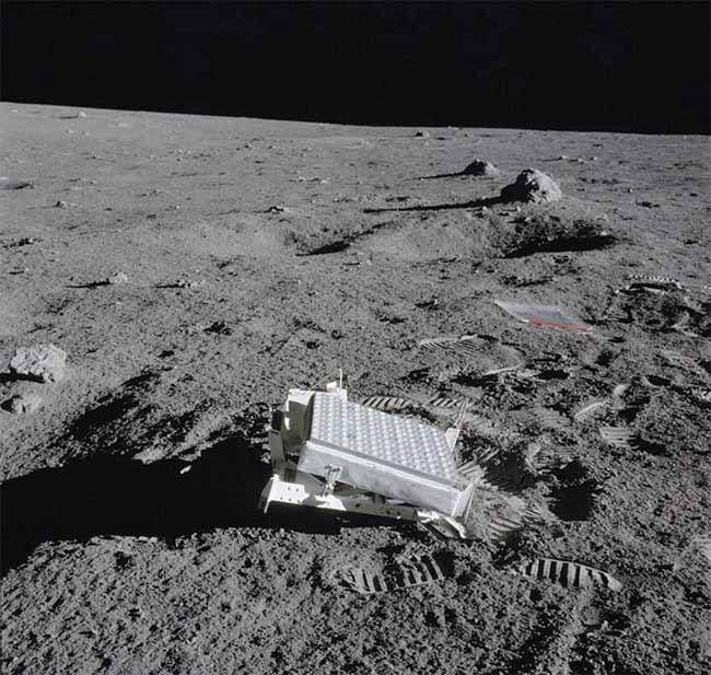 Surface reflectors, situated on the moon’s surface for more than 50 years, may now be covered with lunar dust. NASA scientists are aiming to confirm this upon receiving a return of photons from the Lunar Reconnaissance Orbiter (LRO). Courtesy of NASA.