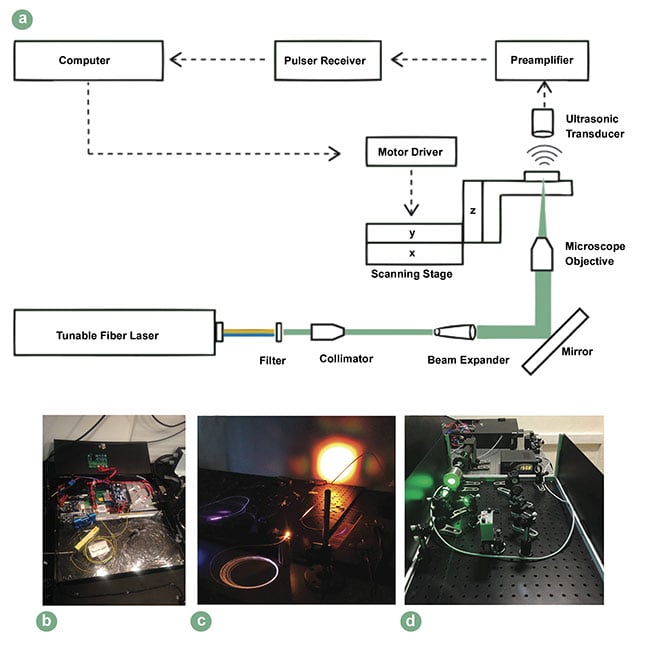 Figure 2. The setup of an optical resolution PAM system that uses a tunable fiber laser (a), a compact fiber laser system for PAM (b) with the outputs of: supercontinuum (c) and harmonic generation units (d). Adapted with permission from Reference 6. 