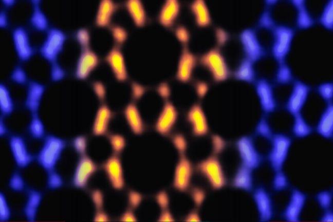 This image shows atomic-scale details from transmission electron microscopy that reveals the porous structure of an MFI nanosheet, with MEL intergrown in it.  CREDIT Kumar et al., University of Minnesota.