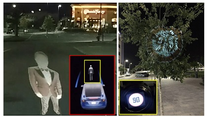 In the Ben-Gurion University of the Negev Research Tesla considers the phantom image (left) as a real person and (right) Mobileye 630 PRO autonomous vehicle system considers the image projected on a tree as a real road sign. Courtesy of BGU Negev Cyber Security Research Center.