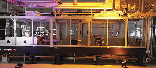 The L3, or HAPLS (High-Repetition-Rate Advanced Petawatt Laser System), laser at ELI Beamlines (right). Built together with the laser at Lawrence Livermore National Lab, it is one of the world’s most powerful lasers, producing petawatt pulses of light at 10 Hz. Courtesy of ELI.