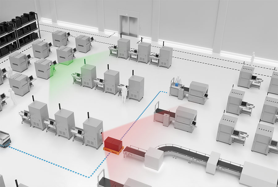 A mobile robot, seen here at the beginning of the dotted blue line at left, can use 3D vision to detect obstacles in its path. Courtesy of Mobile Industrial Robots.