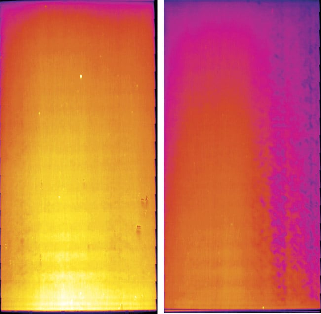 Architectural product dried by traveling through an oven reaches an elevated temperature, as shown by these thermal IR images. A vision system developed by Boulder Imaging would set off an alert in response to the image on the right, based on the white dot that indicates a hot spot, seen about a quarter of the way from the top. Courtesy of Boulder Imaging.