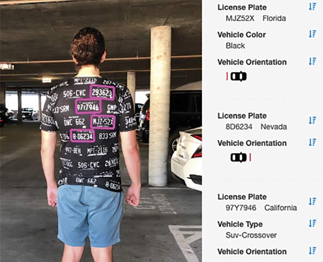 Kate Rose’s Adversarial Fashion line features license plate patterns designed to load junk data into automatic license plate detector databases. 