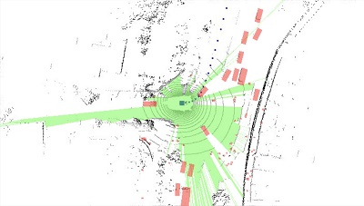 New CMU research shows that what a self-driving car doesn't see (in green) is as important to navigation as what it actually sees (in red). Courtesy of Carnegie Mellon University.