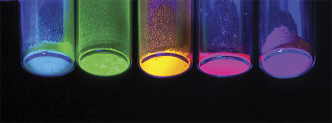 Hybrid organic-inorganic metal-halide perovskites can be used in displays. The material produces various colors depending on chemical composition. Courtesy of Helio Display Materials.