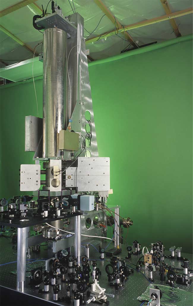 Figure 5. A photograph of the NIST-F1 cold Cs fountain clock located at NIST. The magnetically shielded region (nu-metal cylinder) is roughly 1 m in height. Courtesy of Geoffrey Wheeler.