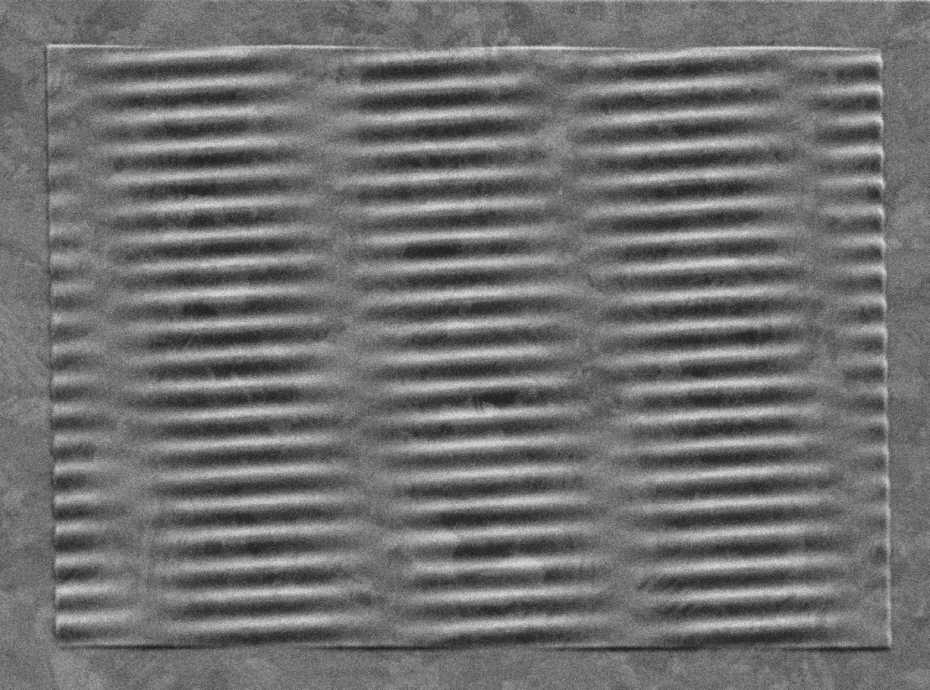 A two-dimensional diffraction grating with a wavy surface, produced using the ETH technique (electron microscope image). Courtesy of ETH Zurich/Nolan Lassaline.