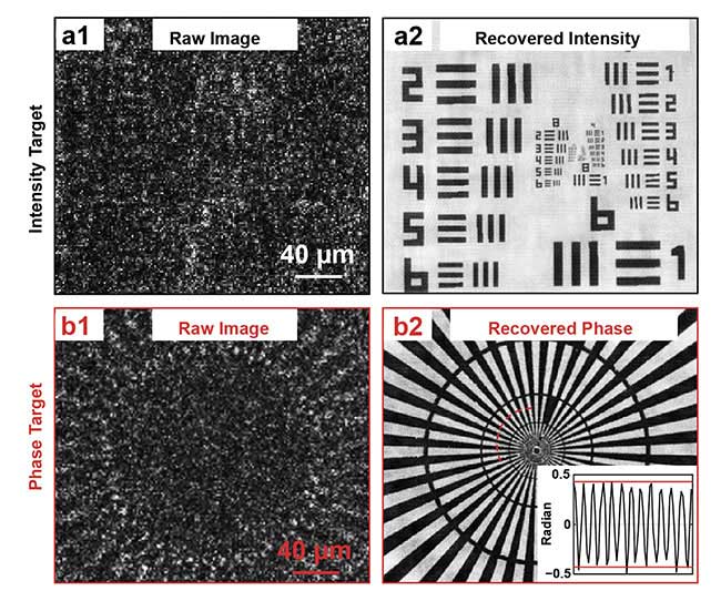  Figure 3. Bypassing the pixel size limit using an up-sampling ptychographic recovery technique. The raw image and the recovered intensity image of a resolution target, with a 3× resolution improvement compared to the pixel size limit (a). The raw image and the recovered quantitative phase image of the transparent phase target (b). Courtesy of Guoan Zheng. 