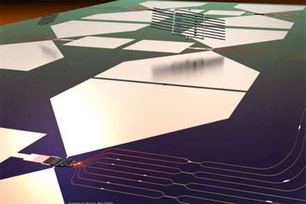 This graphic depicts a stylized rendering of the quantum photonic chip and its assembly process. MIT.