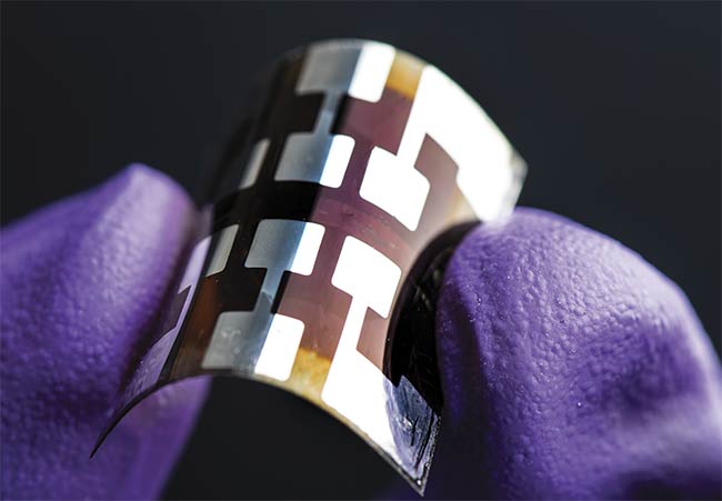 Perovskite, a relatively new photovoltaic material, enables high sunlight-to-electricity conversion efficiency and can allow the manufacture of PV cells on flexible substrates. Courtesy of NREL.