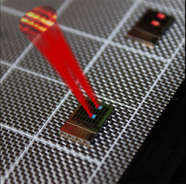 A silicon chip with a tiled array of SOPA tiles. The 32 tiles in the 8×4 array have slightly differing grating designs, showing here two matching pairs of tiles 'lighting up' at this viewing angle. Drawn superimposed are beams from two matching tiles and the far field beam interference pattern demonstrating tiled beam forming. Courtesy of Bohan Zhang and Nathan Dostart.