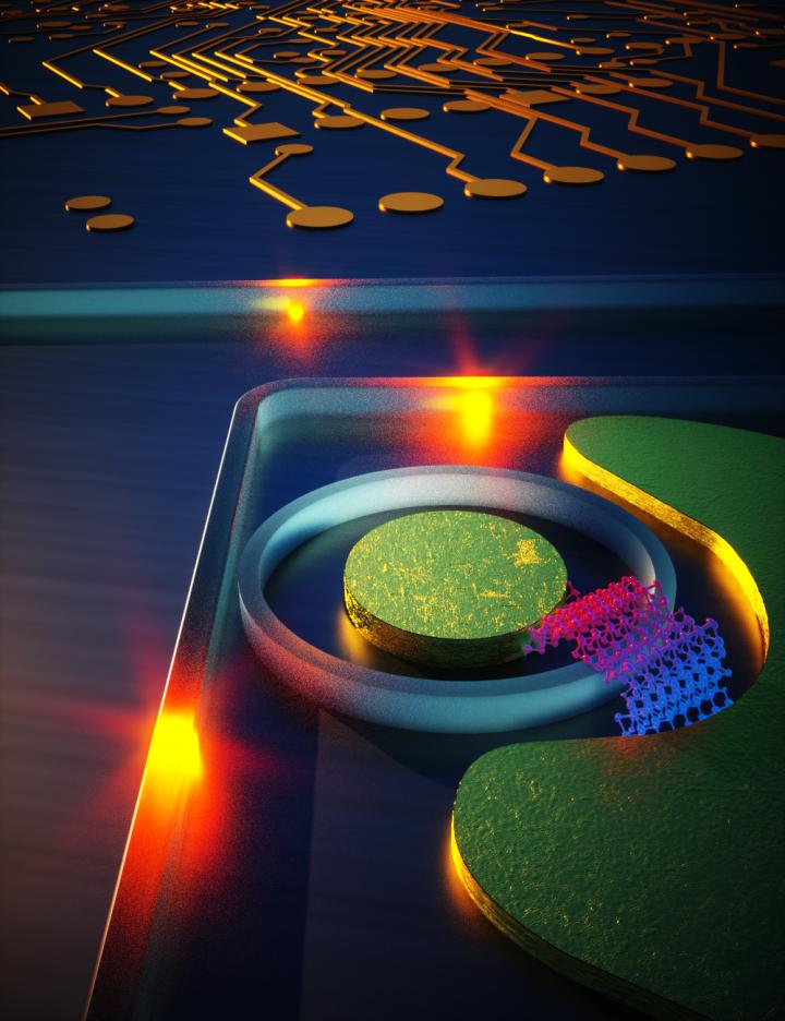 Artistic representation of a strain-engineered 2D photodetector on silicon photonic circuit. Courtesy of Mario Miscuglio/George Washington University.