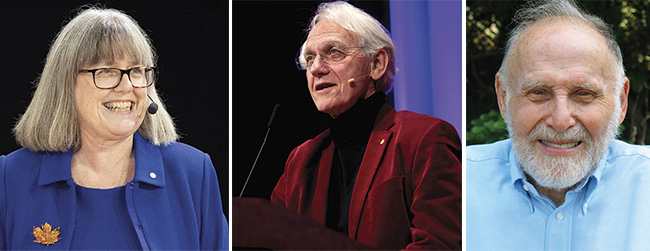 Donna Strickland (left), Gérard Mourou (middle), and Arthur Ashkin (right). Strickland courtesy of Bengt Nyman. Mourou courtesy of Joseph Xu/Michigan Engineering. Ashkin courtesy of Arthur Ashkin.