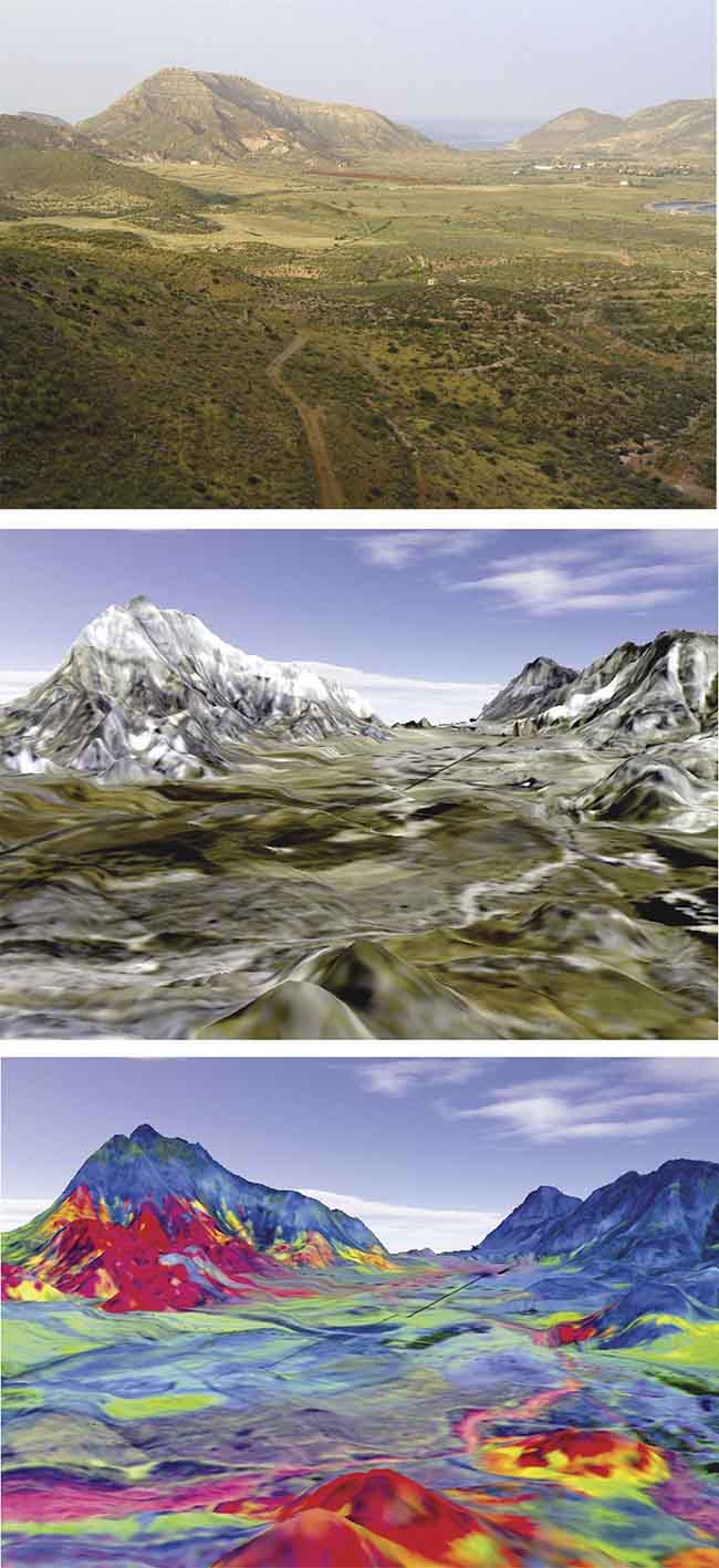 The Los Tollos volcanic center near Rodalquilar in Spain as it appears in a natural color composite image (top), when imaged by an airborne hyperspectral imager (middle), and when additional data from the HyMAP imager is superimposed, revealing hydrothermal alteration mineralogy of the area (bottom). The reddish colors are likely areas with gold mineralization. Red colors indicate intense alteration of the rocks and the presence of minerals such as alunite and kaolinite. Green areas are related to alteration, but at lower temperatures and pressures. Blue areas are unaltered volcanic and sedimentary rocks. Courtesy of Frank van Ruitenbeek of the University of Twente. Data credit: DLR of Germany. 