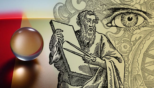 Euclid’s Optics is the first known text that examines vision from a mathematical perspective. Sphere courtesy of iStock.com/DanBrandenburg. Euclid courtesy of pixabay/gdj-1086657. Eye courtesy of pixabay/openclipart-vectors-30363.