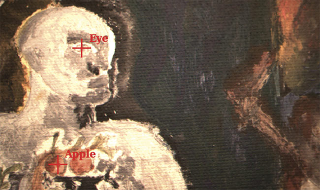 Figure 2. Image of artwork with two key landmarks indicated (eye and apple). Courtesy of HinaLea Imaging.
