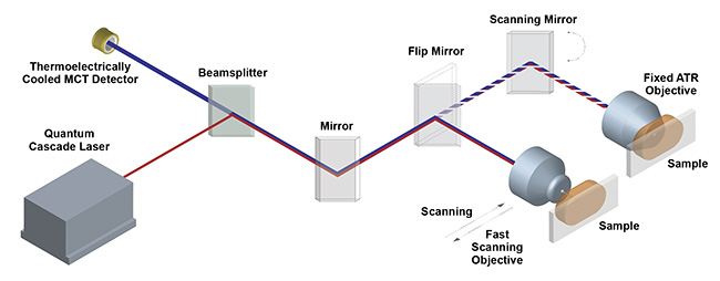 A schematic showing how quantum cascade laser technology works. MCT: mercury cadmium telluride; ATR: attenuated total reflectance. Courtesy of Agilent.