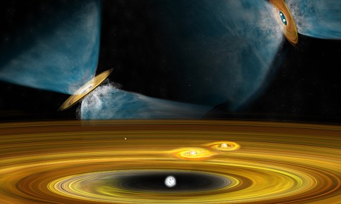 A new Center for Matter at Atomic Pressures at the University of Rochester will explore the physics and astrophysical implications of matter under the kind of pressures required to understand the evolution of stars and planets — a process illustrated in an artist's conception of a pair of young, still-forming stars and the fragmentation of material in a larger cloud in which the stars are born. Illustration courtesy of NSF via the University of Rochester.