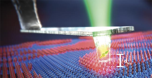 Figure 2. An artist’s rendering of an all-diamond tip containing a single-electron spin quantum sensor at its apex. The spin scans at a distance of dNV ~20 nm over a sample surface, where dNV defines the ultimate imaging resolution of the approach. Courtesy of University of Basel.