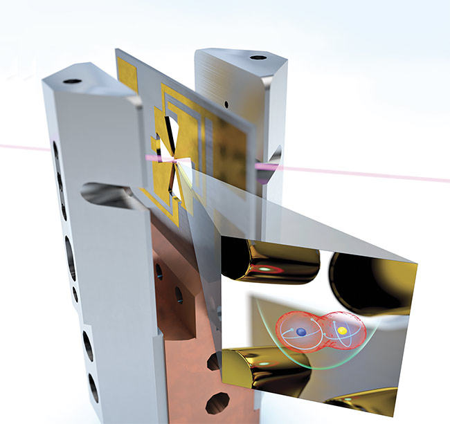 An aluminum ion (blue dot) and a magnesium ion (yellow dot) provide the source of clock ticks. Entangling multiple ions could improve the precision of such clocks. NIST has leveraged the quantum states of trapped ions and used their resonance frequencies as ultraprecise clock ticks. Courtesy of NIST.