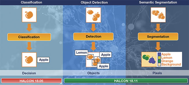 Deep learning-based detection is possible using classification, object detection, or semantic segmentation. Courtesy of MVTec Software GmbH.