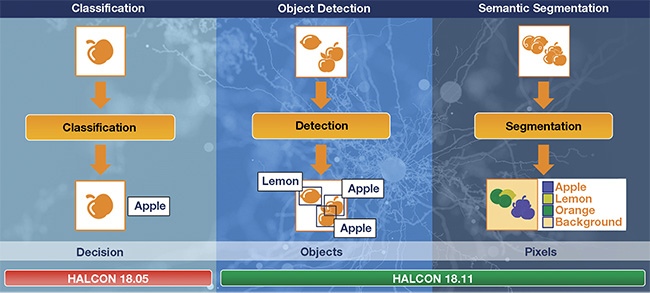 Deep learning-based detection is possible using classification, object detection, or semantic segmentation. Courtesy of MVTec Software GmbH.