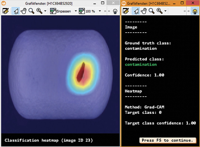 The heat map identifies image regions that are crucial to classification. Courtesy of MVTec Software GmbH.
