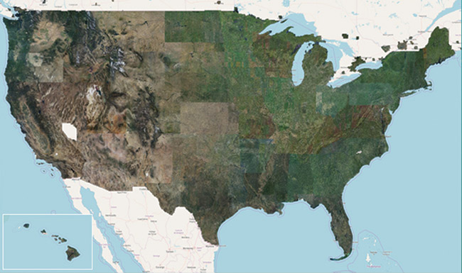 The Hexagon Content Program’s coverage spans the contiguous United States, Europe, and urban centers in Canada to capture airborne image data at very high resolution. It represents largest collection of orthophotos collected with aircraft-mounted sensors. Courtesy of Hexagon AB.