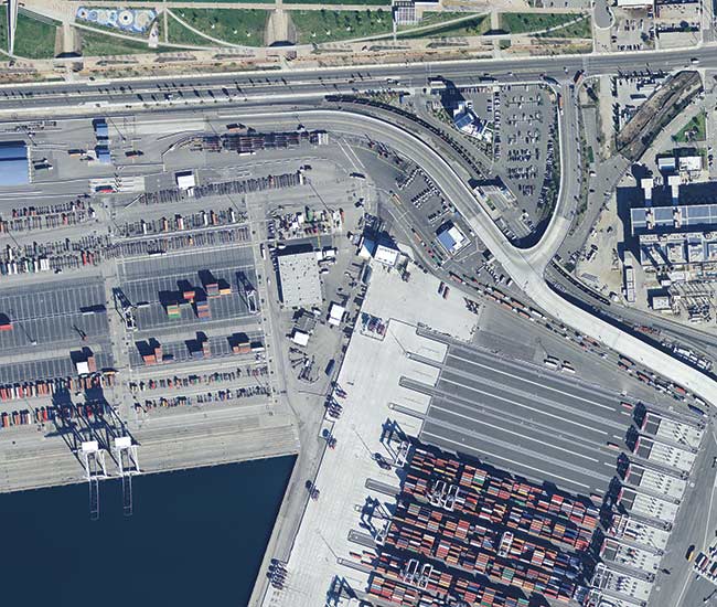 This high-resolution aerial image of the Port of Los Angeles harbor shows how much detail and information can be extracted from 15 cm orthophotos. This resolution can only be captured with aircraft-mounted sensors over large areas. Courtesy of Hexagon AB.