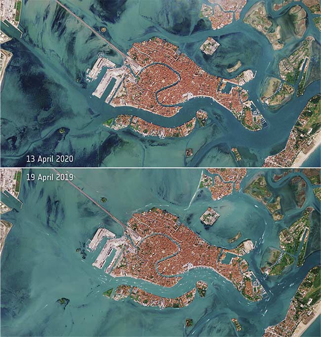 Italy’s effort to limit the spread of the coronavirus disease has led to a decrease in boat traffic in Venice’s famous waterways. Data captured by the Copernicus Sentinel-2 mission shows the effect on the locked-down city of Venice in northern Italy. Boat traffic on April 13 of this year (top) compared to that of April 19, 2019 (bottom). Image contains modified Copernicus Sentinel data (2019-2020). Courtesy of ESA/CC BY-SA 3.0 IGO.