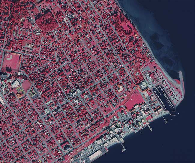 A color-infrared image of Port Townsend in Jefferson County, Wash., enables the study of vegetation that appears in bright red. Remote imaging data also provides county officials with rich data layers to govern zoning, road maintenance, and emergency services. Courtesy of Hexagon AB.