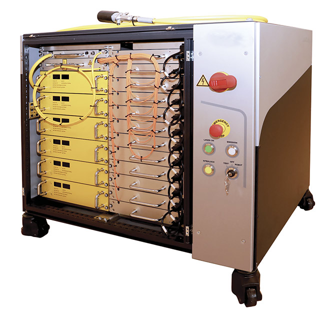 Figure 2. Kilowatt-class fiber laser systems combine multiple single-mode modules in parallel, to output a single beam through a larger-core-diameter step-index fiber. Courtesy of IPG Photonics.