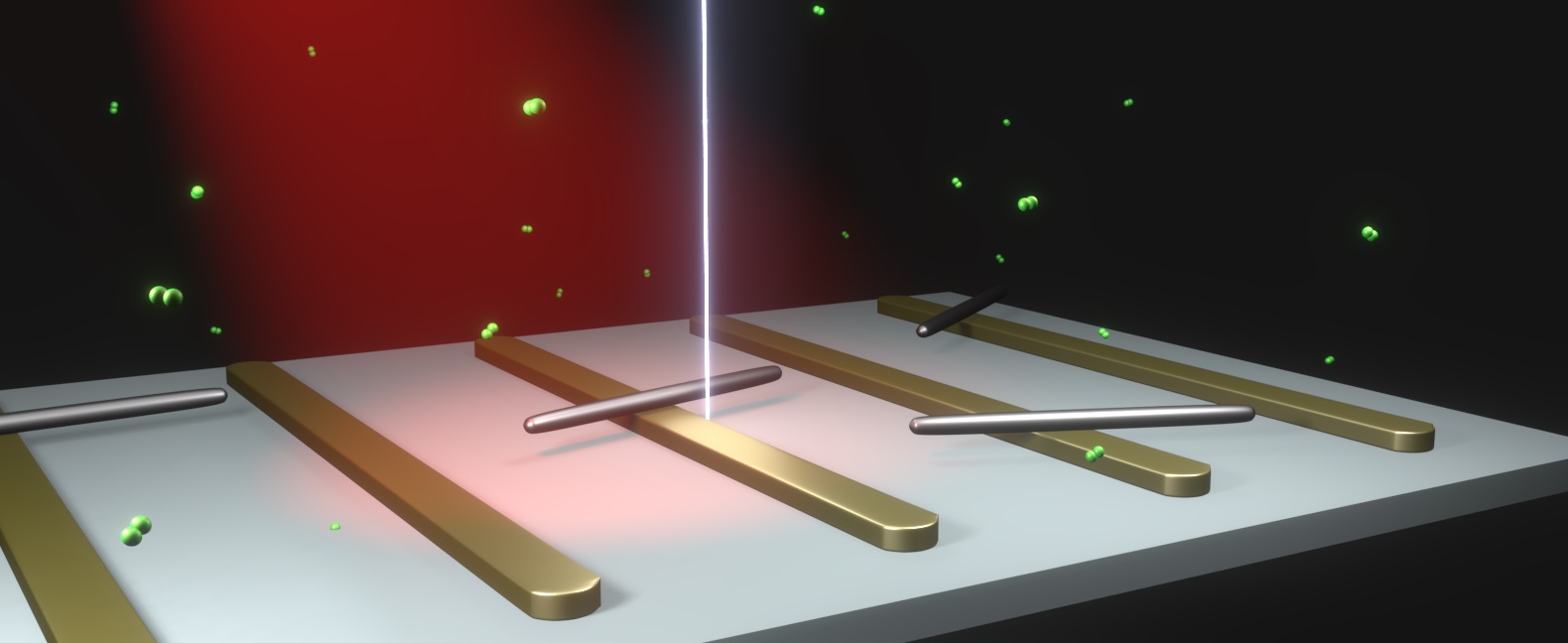 Depiction of the experimental setup where palladium nanorods lie atop gold nanobars. In this image, an electron beam is directed at the sample to watch the catalytic interactions between the hydrogen molecules (in green) and the palladium catalyst. The light driving the illumination is shown in red. Courtesy of Katherine Sytwu.