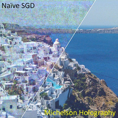 Michelson holography shows significant improvements in image quality, contrast, and speckle reduction compared with all other conventional methods, such as Naïve SGD, shown left. Courtesy of Jonghyun Kim, NVIDIA/Stanford University.