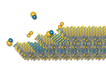 Artist’s conception of the epitaxial growth of a chalcogenide perovskite thin film. Variations of the perovskite can be created by changing its composition, which lays the groundwork for development of a family of materials for use as semiconductors. Courtesy of Felice Frankel.