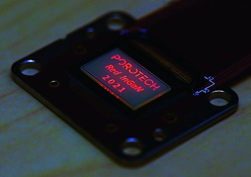 Porotech has developed a microdisplay based on native red indium gallium nitride (InGaN) – with an active area of 0.55 inches diagonally and a resolution of 960×540.the bright native red can push the maximum achievable wavelength to 640nm and beyond – a first for microdisplay visualization, the company said. Courtesy of Porotech. 
