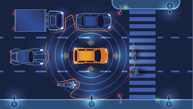 Sensors in an autonomous car scan the road. Courtesy of iStock.com/Andrey Suslov.