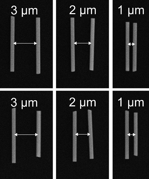Researchers at the University of Strathclyde developed a way assemble multiple nanoscale optical devices extremely close together on a single chip. They team's transfer printing method, part of the introduced technique, involved placing nanotubes 1 to 3 µm apart The same group used the printing method to create semiconductor nanowire lasers. Courtesy of Dimitars Jevtics, University of Strathclyde.